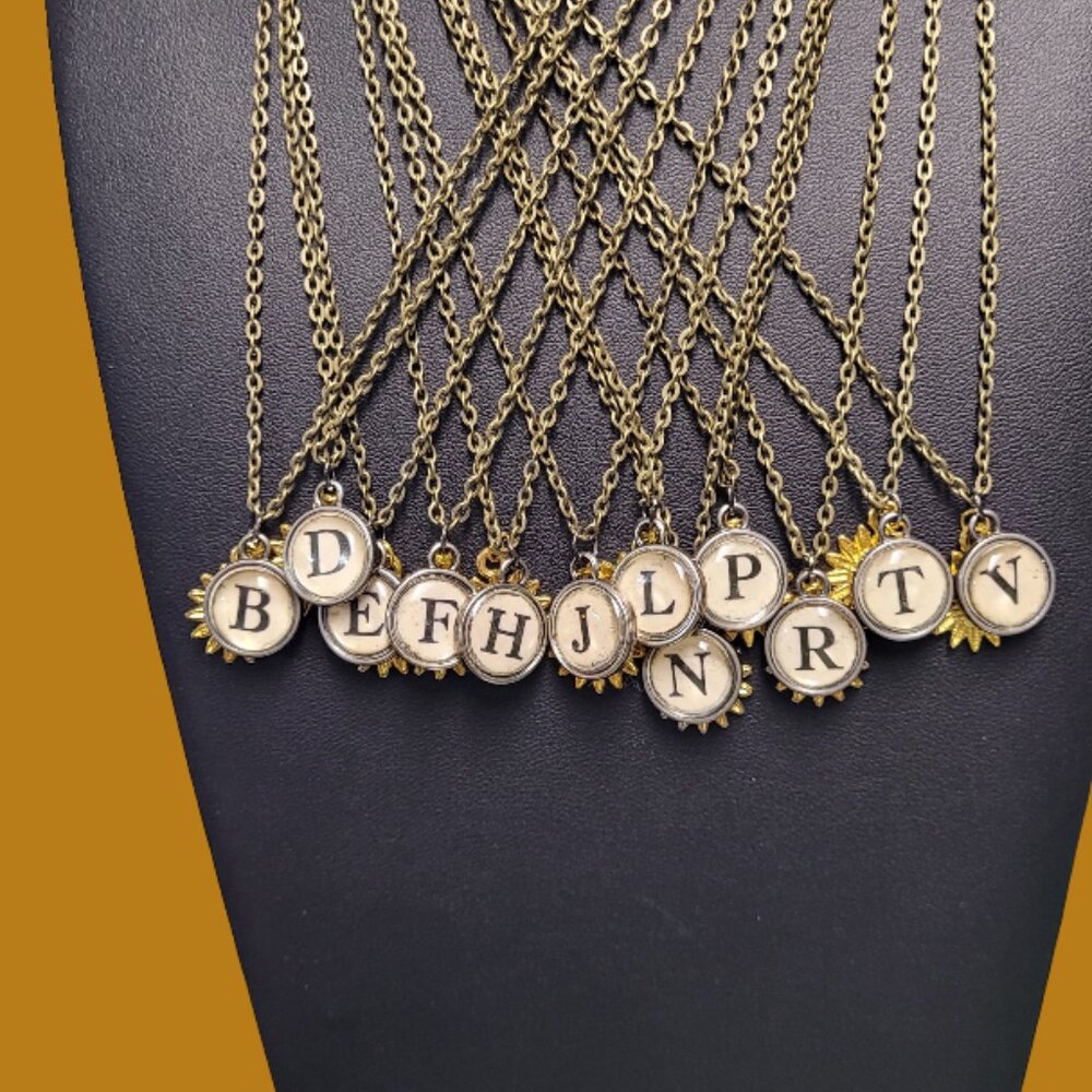 Vintage Typewriter Key (Tim Holtz) Initials Gold Plated Sunflower Charm Necklace - Picture 13 of 14